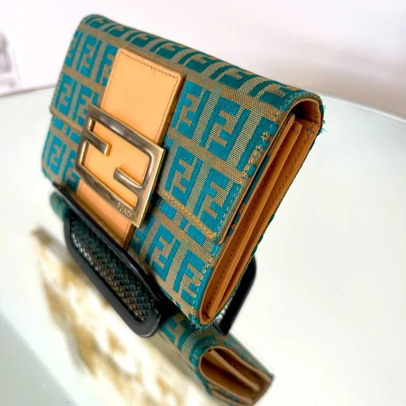 Fendi Teal Zucchino Vintage Wallet with Certificate of Authenticity FINAL PRICE